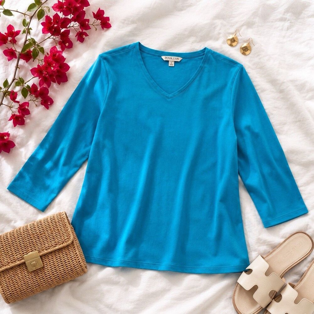 Pendleton Teal 100% Cotton V-Neck Long Sleeve Top L